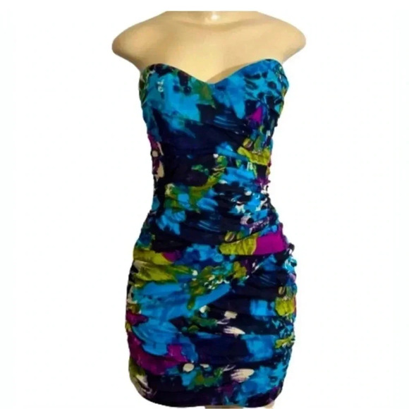 BAILEY BLUE MINI DRESS STRAPLESS FLORAL BLUE AND GREEN STRETCH SIZE MEDIUM - Picture 1 of 7